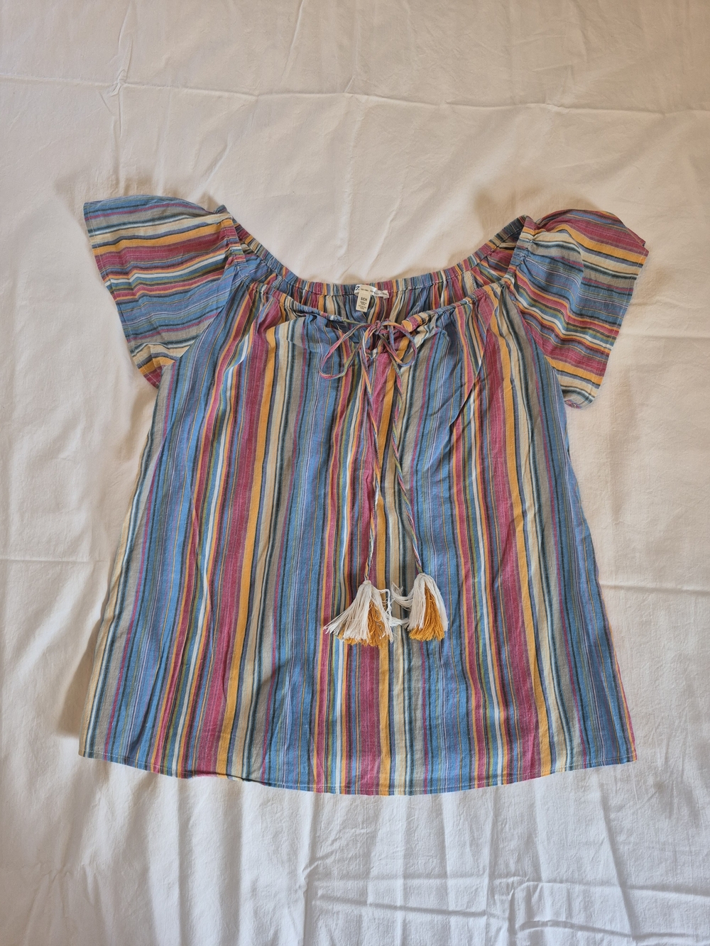 Seven7 Multicolor Striped Off-Shoulder Top with Tassels